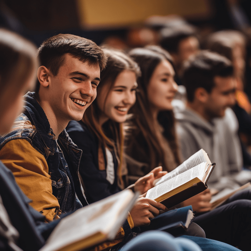 Moldovan Christian youth reading Bibles and talking indoors at Anchored Conference